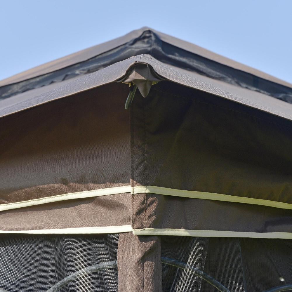 Tonnelle barnum style colonial double toit toile moustiquaires amovibles 4  étagères d'angle métal époxy polyester chocolat